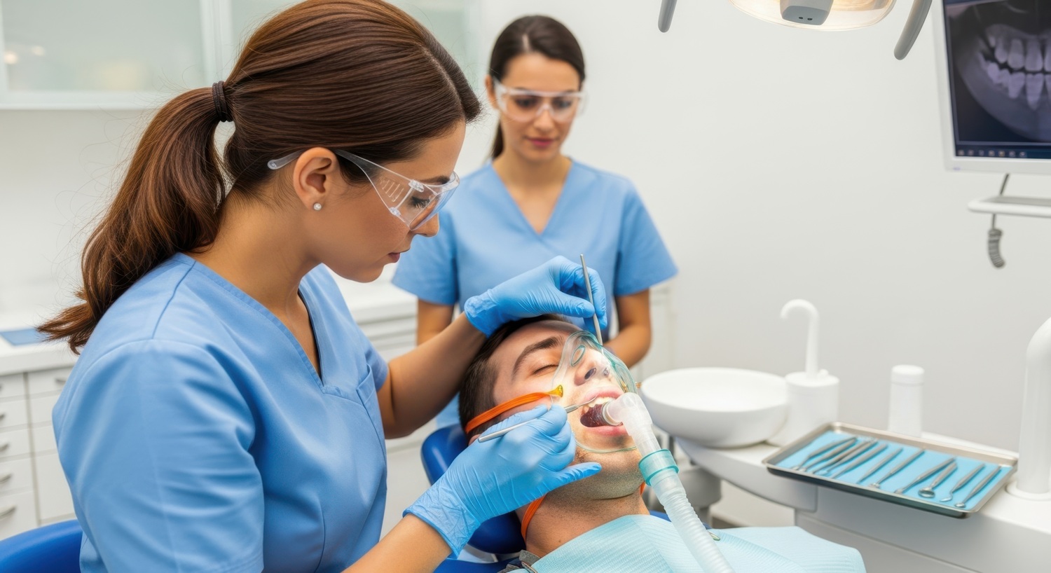 Dental professionals conducting a dental check-up