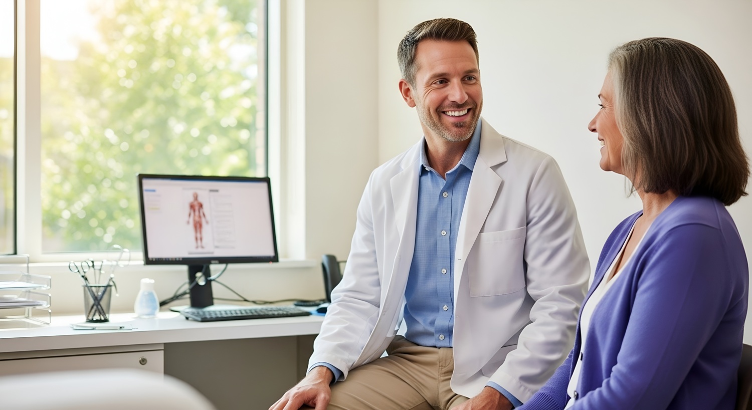 Smiling doctor and patient discussing health in modern medical office.