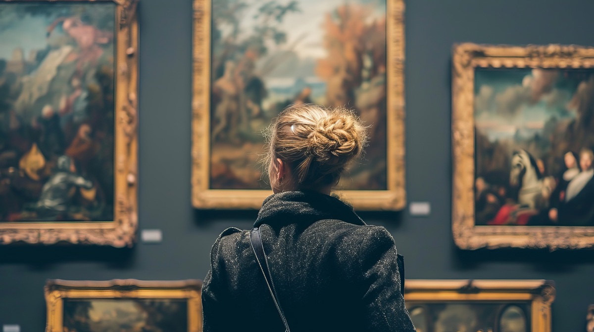 Back portrait of an adult woman looking at museum paintings in an old museum art gallery