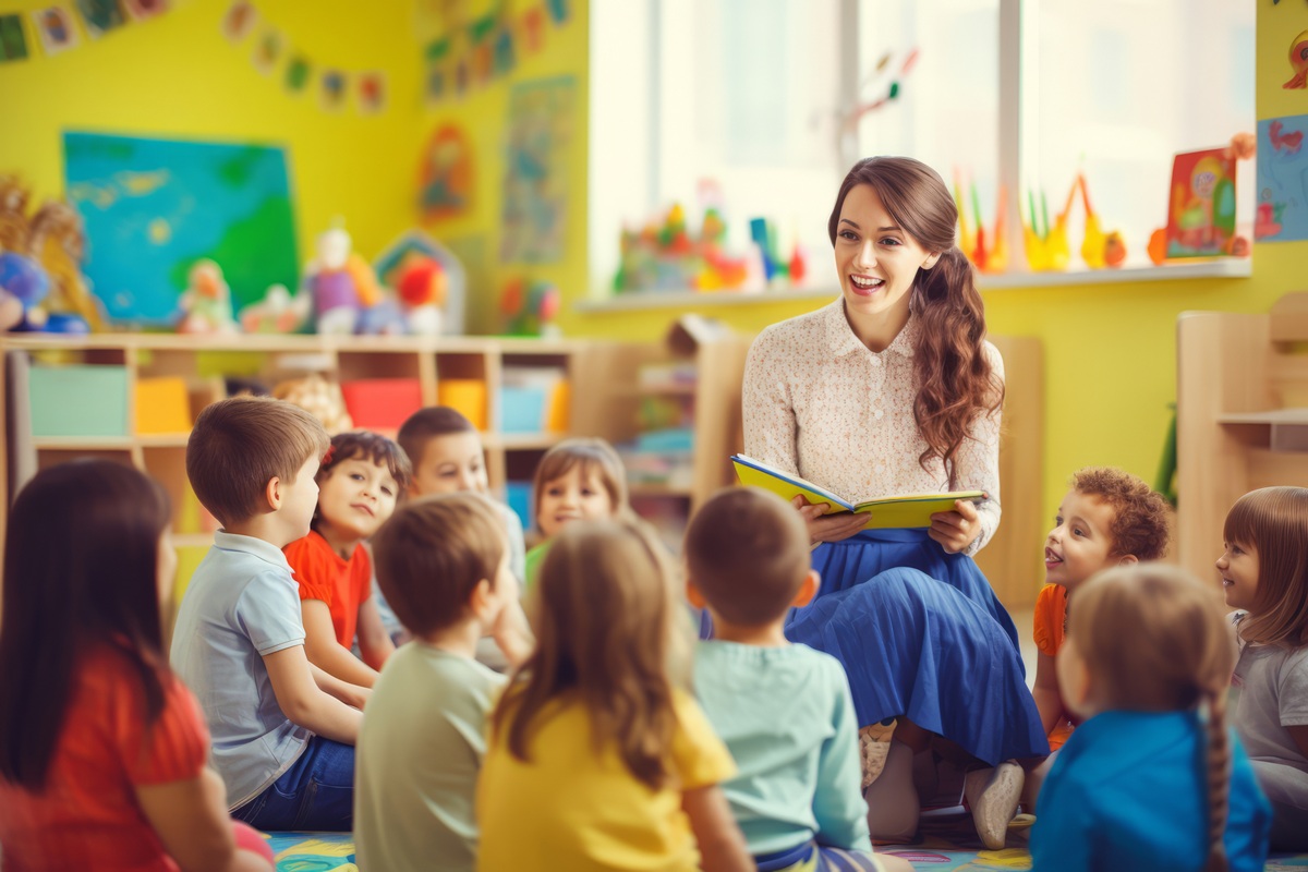 Beautiful professional female teacher of nursery school or kindergarten looking at camera while standing against group of little learners.
