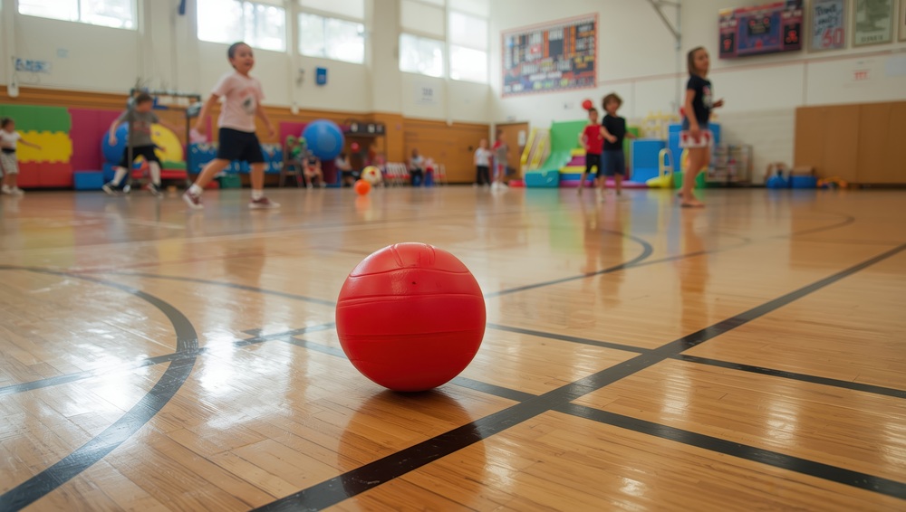 red rubber ball on black lines in gym