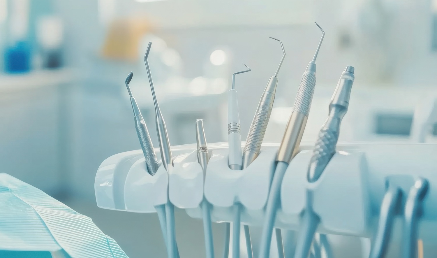 A dental hygienist performing a teeth cleaning procedure with modern tools in a well-lit dental office, with dental instruments and hygiene products visible, Precise style