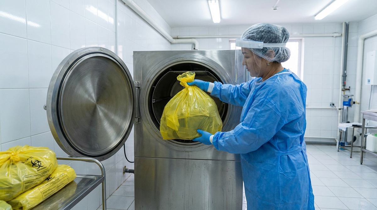 Healthcare worker in protective gear loading medical waste into a disposal unit. Emphasizes safety, hygiene, and proper waste management.